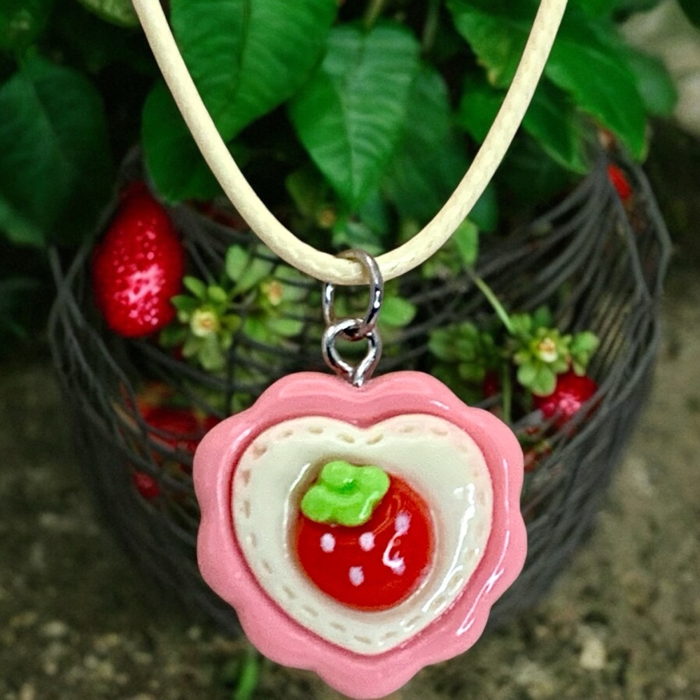 Strawberry Heart Pink & Cream Necklace Silver Tone & Acrylic Valentine